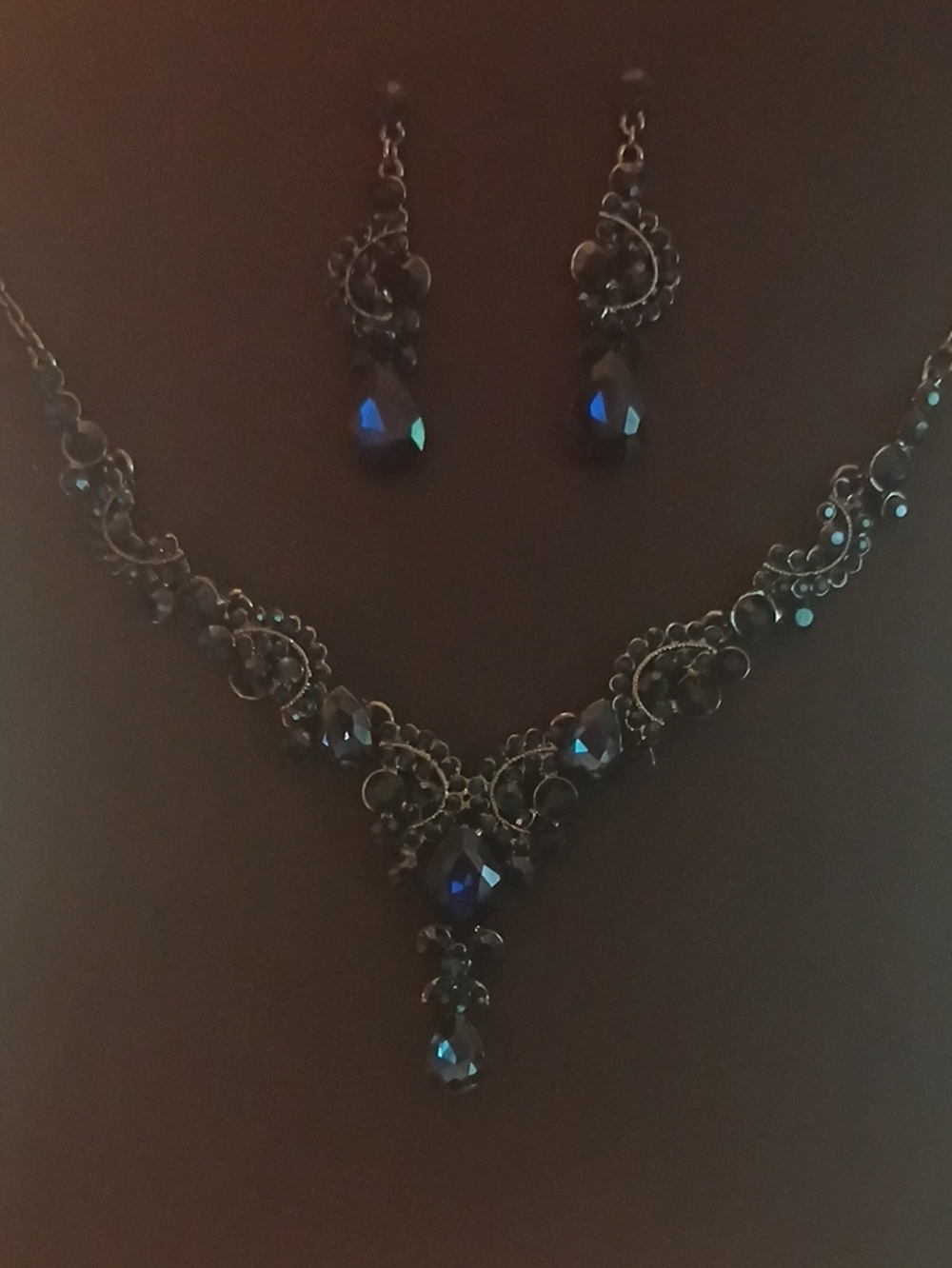 Elegant Dark Blue Crystal Necklace and Earring Set